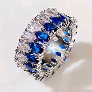 925 Silver Pear Waterdrop Cut Romantic Blue & White Cubic Zirconia Ring Sz 8